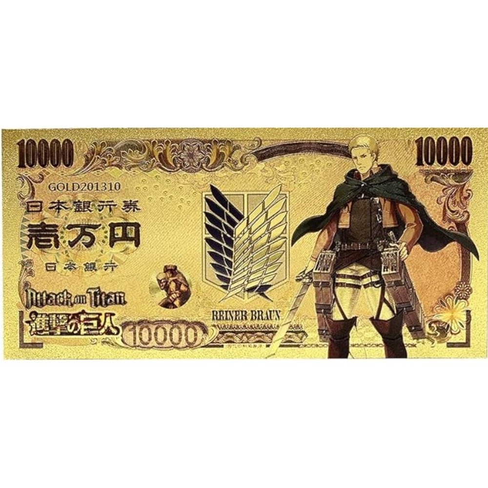 24k Gold Foil Plated Reiner Braun Attack On Titan Banknote Collectible Bill